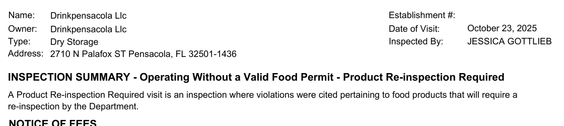 Excerpt from an FDACS inspection report identifying DrinkPensacola LLC's establishment type as Dry Storage
