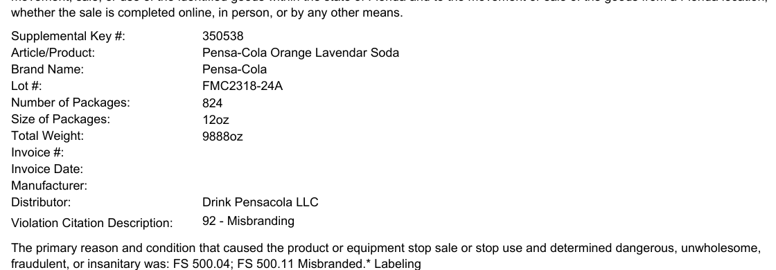 Excerpt from an FDACS stop-sale report showing a blank manufacturer field and Drink Pensacola LLC as distributor