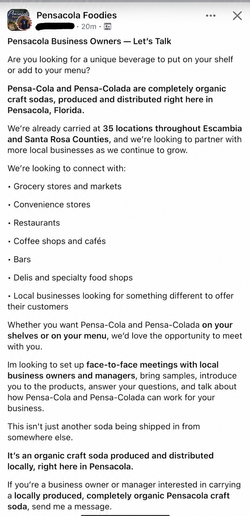 First screenshot of a Pensacola Foodies Facebook post, with the poster’s name redacted, stating that Pensa-Cola and Pensa-Colada are produced and distributed in Pensacola